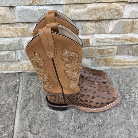 Old West Brown/Tan Youth Boys Leather Faux Gator Cowboy Boots - Picture 3 of 9